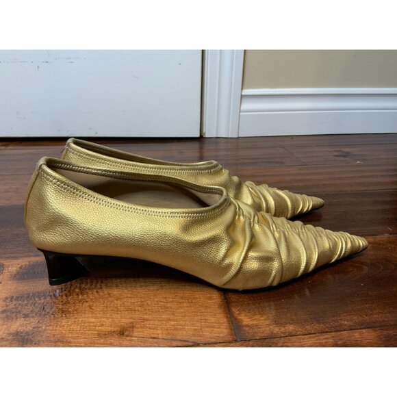 Stella McCartney Gold Elsa Ruched Pointed Toe Kitten Heel Pumps Heels, Size 41 - Picture 4 of 7